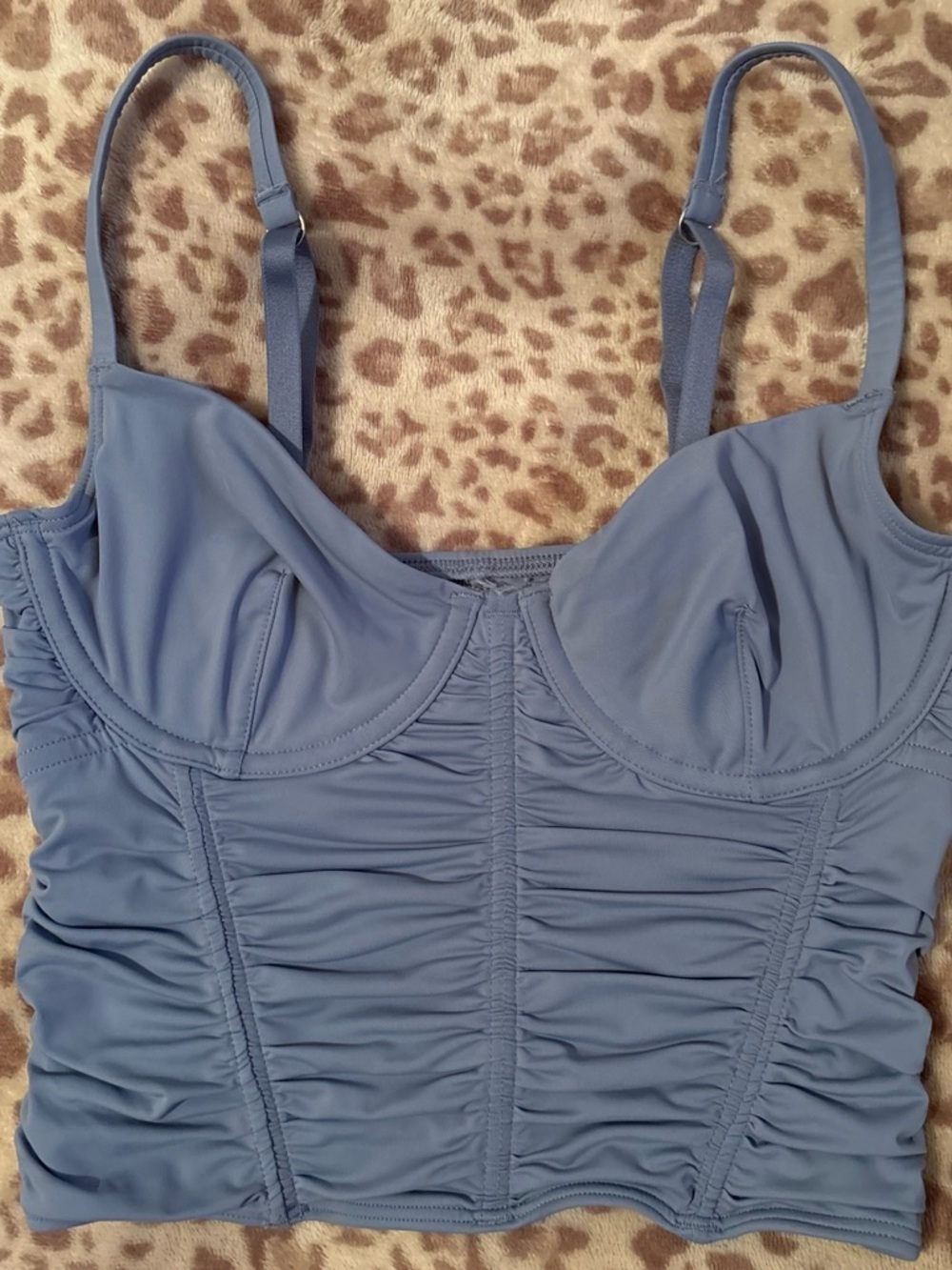 Blue Ruched Tank Top with Built-In Cups